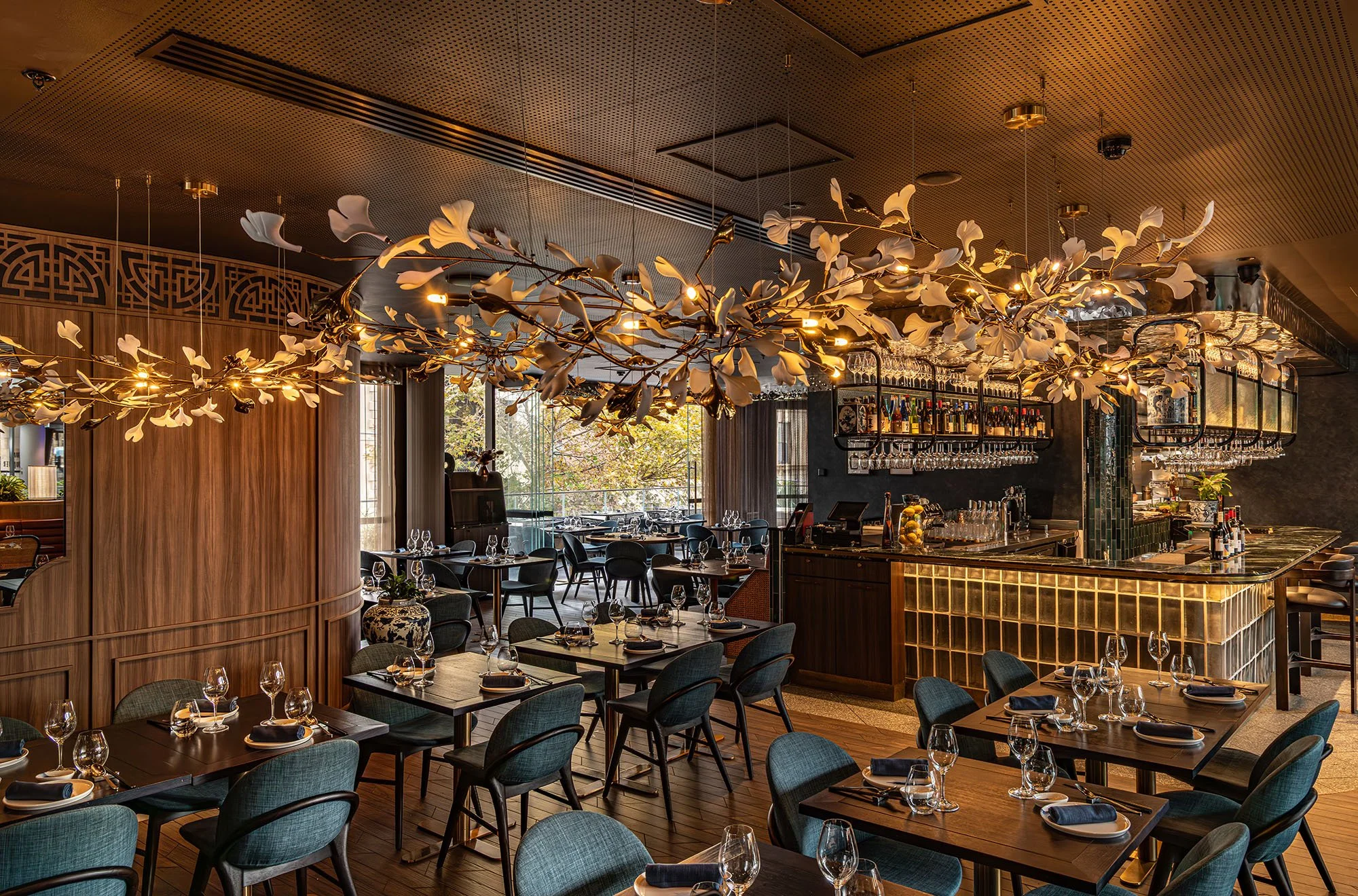 Pearl Dining private dining room with warm timber and pendant lighting